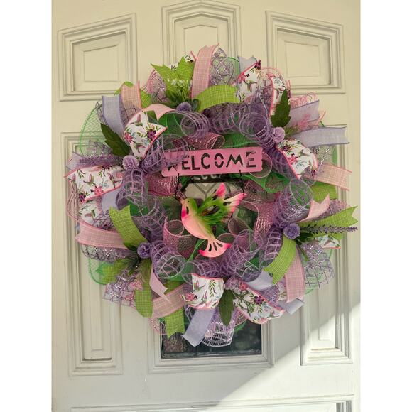 Welcome Hummingbird Mesh Ribbon Spring & Summer Wreath Door Hanger Home Decor - Picture 1 of 8